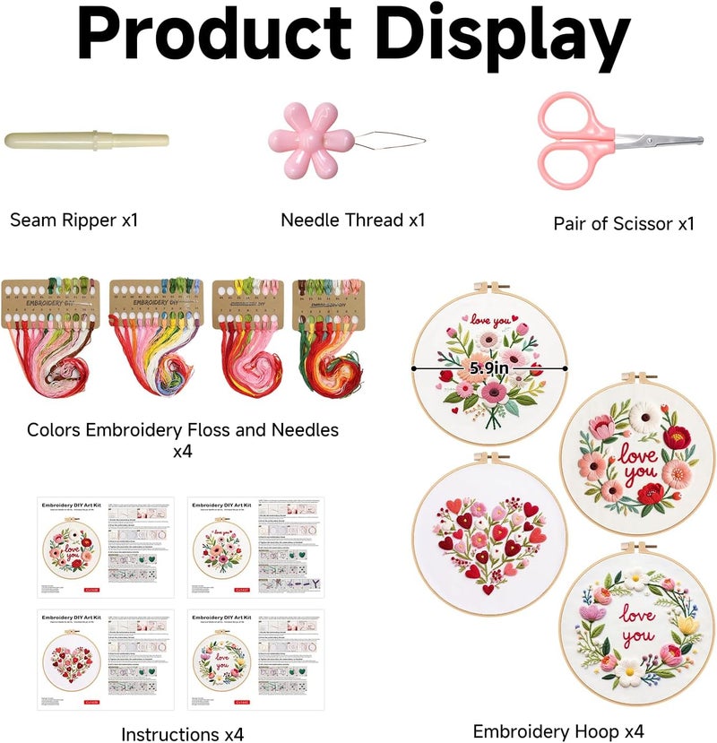 BBLYBD Valentines Embroidery Kit, 4 Set Cross Stitch Craft Kits for Beginners with Pre-Printed Embroidery Fabric, Hoops, Step-by-Step Instructions, Color Threads & Needles (Valentines-4 Set) - Image 2
